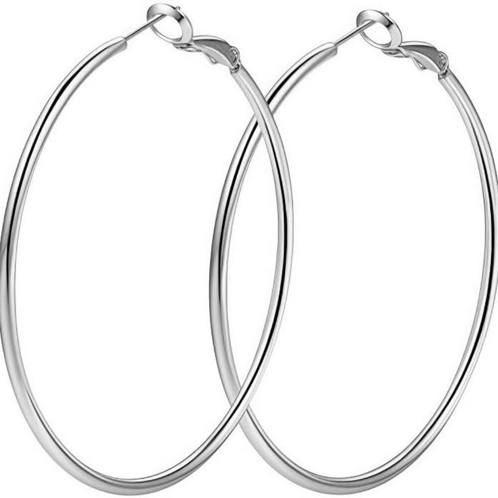 Classic Silver Stainless Steel Hoop Earrings 40mm Lightweight Hypoallergenic
